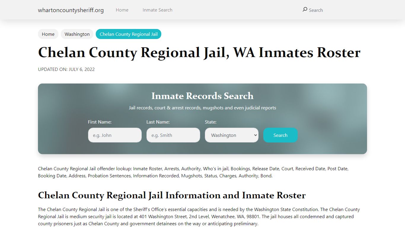 Chelan County Regional Jail, WA Jail Roster, Name Search